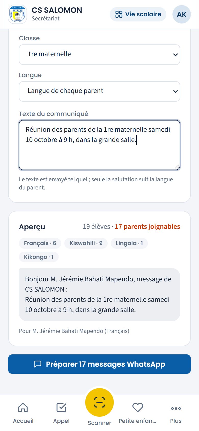 Communiqué à la 1re maternelle (téléphone)