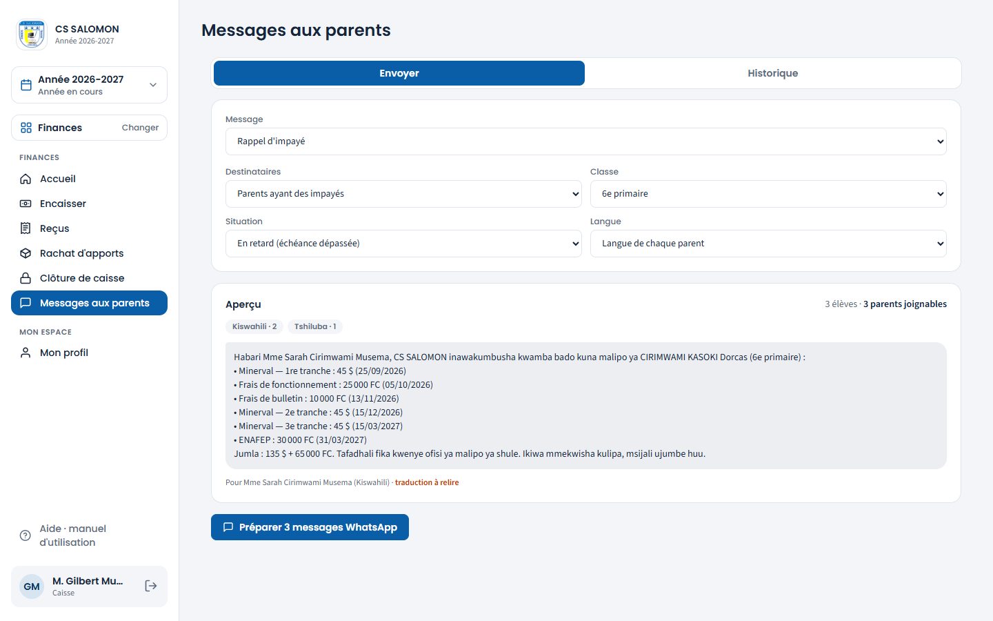 Rappel d'impayé préparé par la caisse (ordinateur)