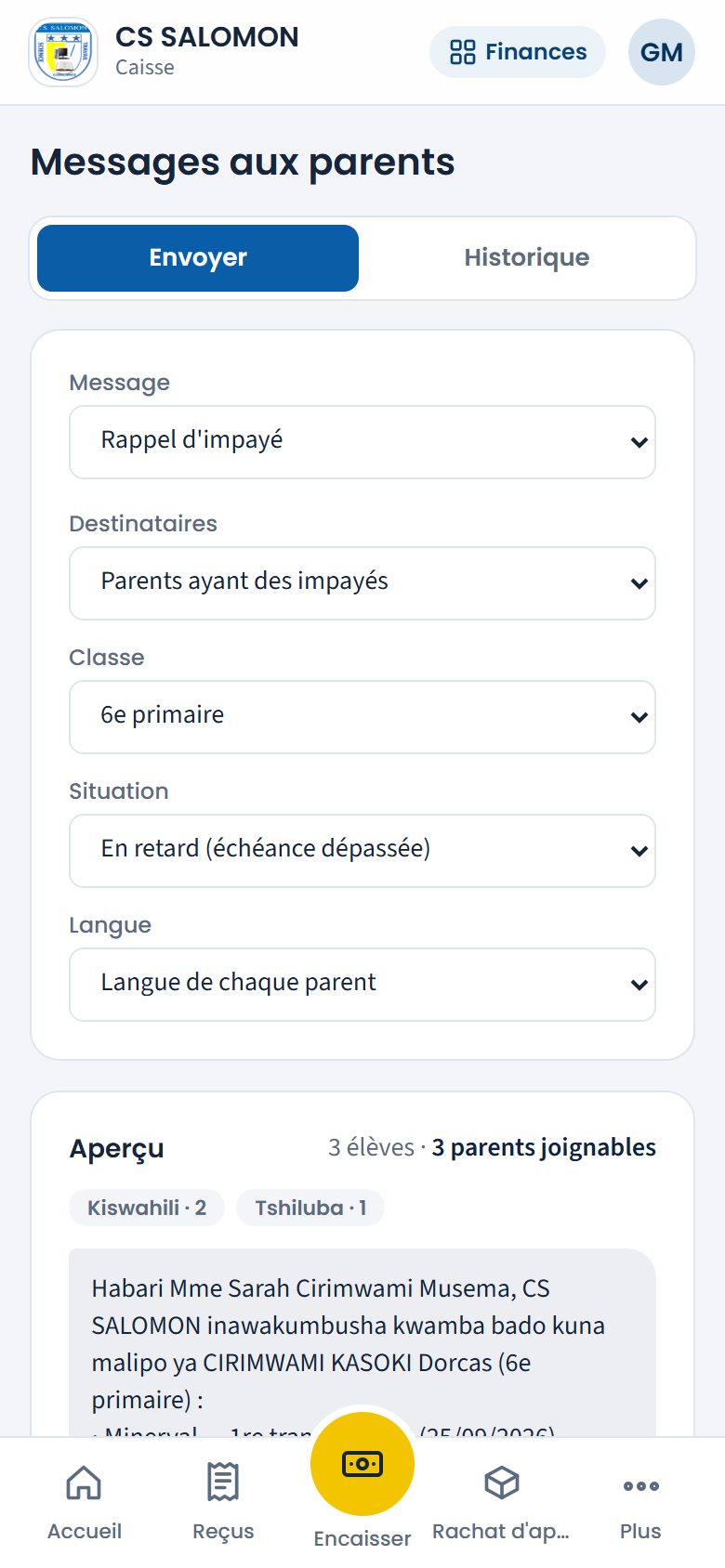 Rappel d'impayé préparé par la caisse (téléphone)