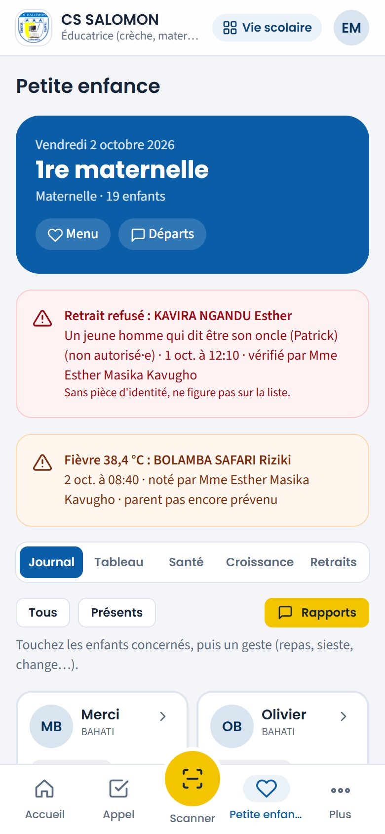 Journal du groupe de 1re maternelle (téléphone)
