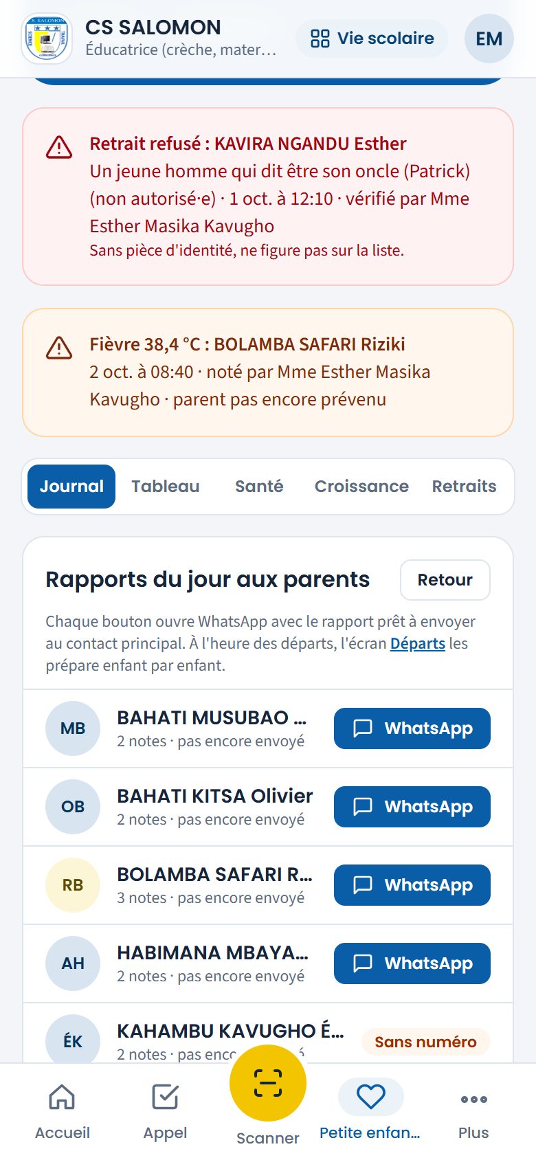 Rapports du jour aux parents (téléphone)